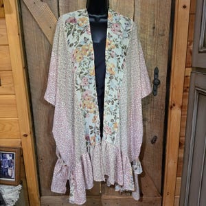 Boho Floral Ruffle Kimono Duster • Lightweight Pastel Cottagecore Wrap Cover Up