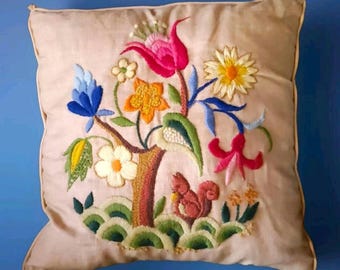 Vintage Handmade Colorful Crewel Embroidered Floral Squirrel Pillow 12.5" READ