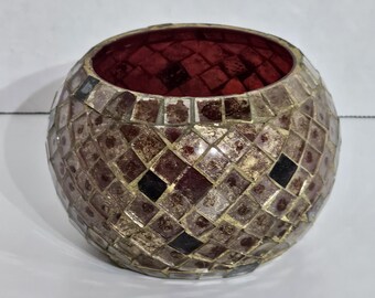 Candelabro de vidrio con mosaico en tonos marrones multicolores, votivo/vela de té EUC