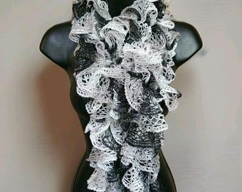 Bufanda de ganchillo - Negro/Blanco/Gris/Plata brillante entrelazada 4"×70"