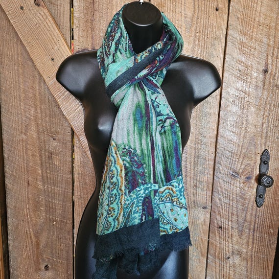 Paisley Pattern Rectangle Scarf Wrap Blue Green P… - image 2