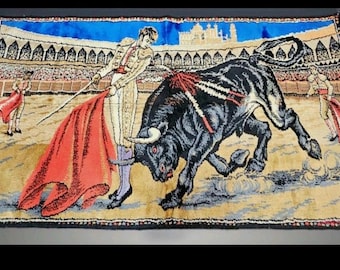 VTG 70s Spanish Matador Bull Fighter Wall Tapestry Rug Velvety 38.5"×20" READ