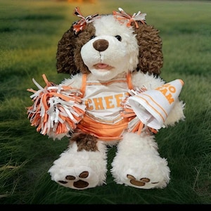 May include: A plush dog dressed as a cheerleader, wearing an orange and white uniform with the word "CHIEF" on the front. The dog holds orange and white pom-poms and a megaphone with "GO TEAM" printed on it.