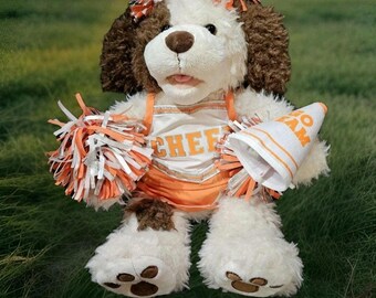 Build-A-Bear Fuzzy Dog Plush Cheerleader: Orange White 16" Collectible Megaphone Pompoms