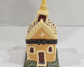 Porcelain Hinged Trinket Box Church Building House 3.5" Tall Yellow & Red