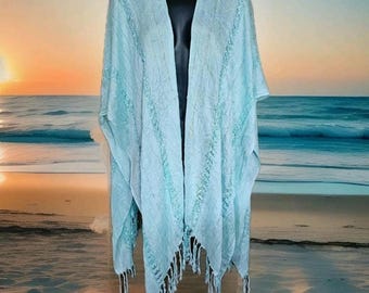 Bufanda/chal/poncho de gasa color aguamarina de 29 Palms con abertura frontal y flecos. LEA PARA MÁS DETALLES.