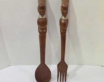 Vintage African Serving Set Fork Spoon Hand Carved Wood Wire Handle