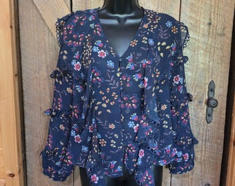 Lulumari Women's Large Navy Top Floral Blouse Long Sleeve Ruffled Feminine EUC