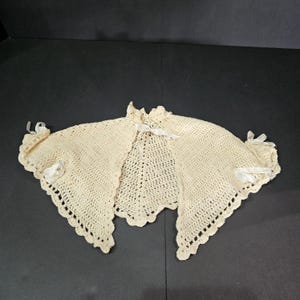 Vintage Handmade Crochet Baby Girls Beige Shawl Style Sweater 1950&#39;s with repair