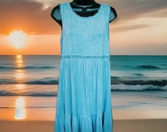 Umgee Women's Small Dress Turquoise Mineral Wash Lace Up Crochet Back Bodice EUC