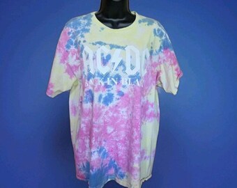 AC/DC Adult Large Tshirt Hells Bells Back In Black Pastel Tie Dye Pink Blue Yellow