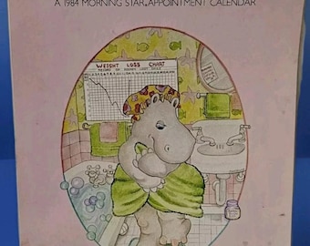 Calendario de pared vintage Hippo de 1984 con versículos bíblicos "Ruega por mí, estoy a dieta".