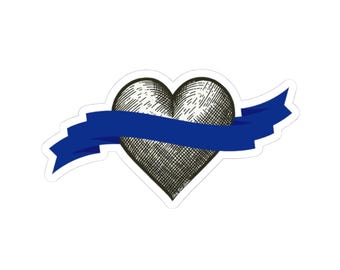 May include: A sticker featuring a detailed, cross-hatched heart design in black and white, with a vibrant blue banner across the center. The heart has a textured appearance, and the banner adds a pop of color against the white background.