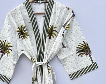 花柄コットン着物ローブ、パームプリントラウンジウェア、ボヘミアンスパローブ