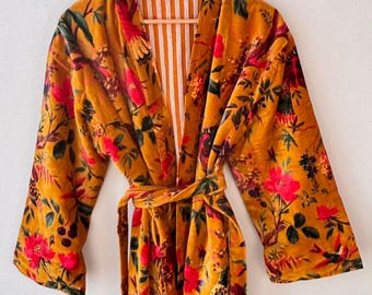 花柄コットン着物ローブ、リバーシブルジャケット、ベルベットカンタコート