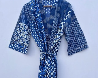 Cotton Block Print Kimono Robe, Boho Beach Cover-Up