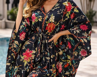 Katoenen kaftan met bloemenprint, Indiase maxi-jurk, strandkleed