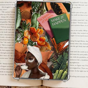 May include: Collage featuring a woman with a towel and eye patches, sipping from a teacup. Includes books with the titles "Scribble It Down" and "Make It Happen", oranges, and tropical leaves. The image is set against a floral background.