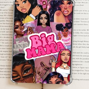 May include: A phone case featuring a collage of illustrated women with various hairstyles and expressions. The words "Big Mama" are in pink bubble letters. The background is a mix of pink and black.