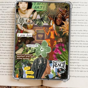 Könnte beinhalten: Transparente Handyhülle mit einem Collage-Design. Es zeigt Bilder von Frauen, Schmetterlingen, Blumen und Text. Der Text enthält "i am her", "CREATE", "peace & blessings manifest with every lesson learned...", "LET YOUR Soul" und "PEACH".