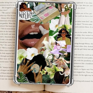 May include: A decorative phone case featuring a collage of illustrations. The collage includes images of lips, flowers, a woman, and the word "WORTHY". The case is set against the backdrop of an open book.