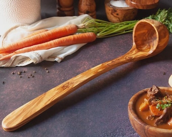 Ladle Big Wooden Extra Long Handled Olive Wood Ladle for Stockpots - Rustic Wooden Serving Ladle with Extended Handle for Soups and Stews