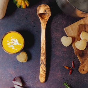 Ladle Big Wooden Extra Long Handled Olive Wood Ladle for Stockpots - Rustic Wooden Serving Ladle with Extended Handle for Soups and Stews