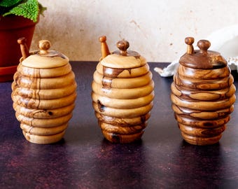 Olive Wood Honey Jar - Hand Carved Honey Pot with Drizzler Honey Spoon