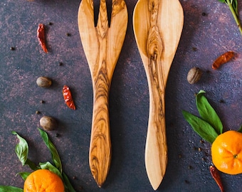 Olive Wood Salad Servers Set of 2 Salad Utensils for Hostess Gift for Home Chef
