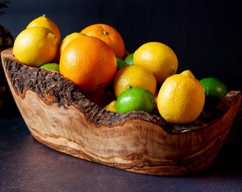 Rustic Olive Wood Fruit Bowl with Live Edge - Large Wooden Bowl for Centerpiece