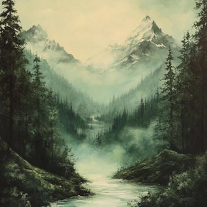 Moody Forest River Digital Download Print - Mountain Landscape Wall Art - Nature Scene - Instant Download - 300 DPI - Printable Home Decor
