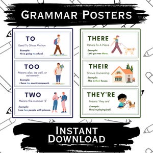 以下が含まれることがあります： イラスト付きのカラフルな文法ポスター6枚。ポスターには、「to」、「too」、「two」、「there」、「their」、「they're」という単語が、それぞれの単語の使い方の例とともに掲載されています。