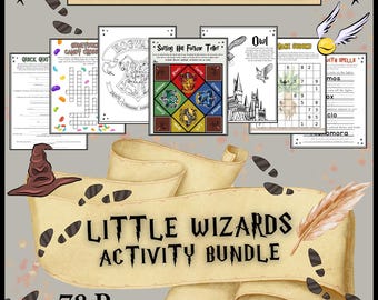 May include: A printable activity bundle for children featuring a Harry Potter theme. The bundle includes 78 pages of activities such as a quick quiz, a crossword puzzle, a sorting hat fortune teller, an owl maze, and a magic spell word search.