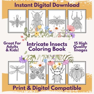 Intricate Insects Coloring Book: Print & Digital Coloring Book, Adult Coloring Book, Insect Coloring Pages, Instant Digital Download