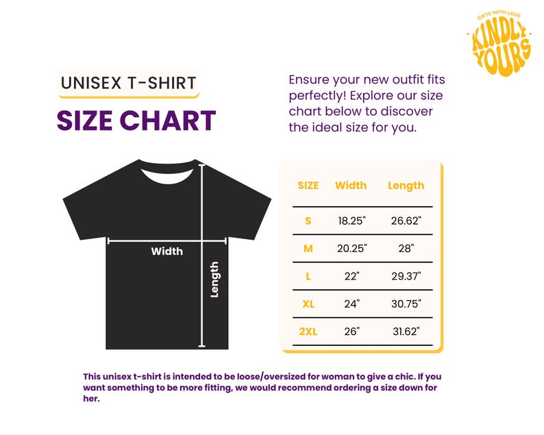 K&ouml;nnte beinhalten: Eine Unisex-T-Shirt-Gr&ouml;&szlig;entabelle mit der Silhouette eines schwarzen T-Shirts und Linien f&uuml;r Breite und L&auml;nge. Eine Tabelle listet die Gr&ouml;&szlig;en S bis 2XL mit den entsprechenden Ma&szlig;en in Zoll auf. Der Text lautet UNISEX T-SHIRT SIZE CHART.