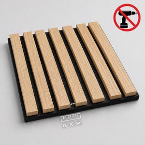 May include: Acoustic panel featuring light wood slats arranged vertically on a dark gray base. The slats are spaced evenly, with a measurement indicator showing a width of 13-16 mm. A no-drill symbol is in the upper right corner.