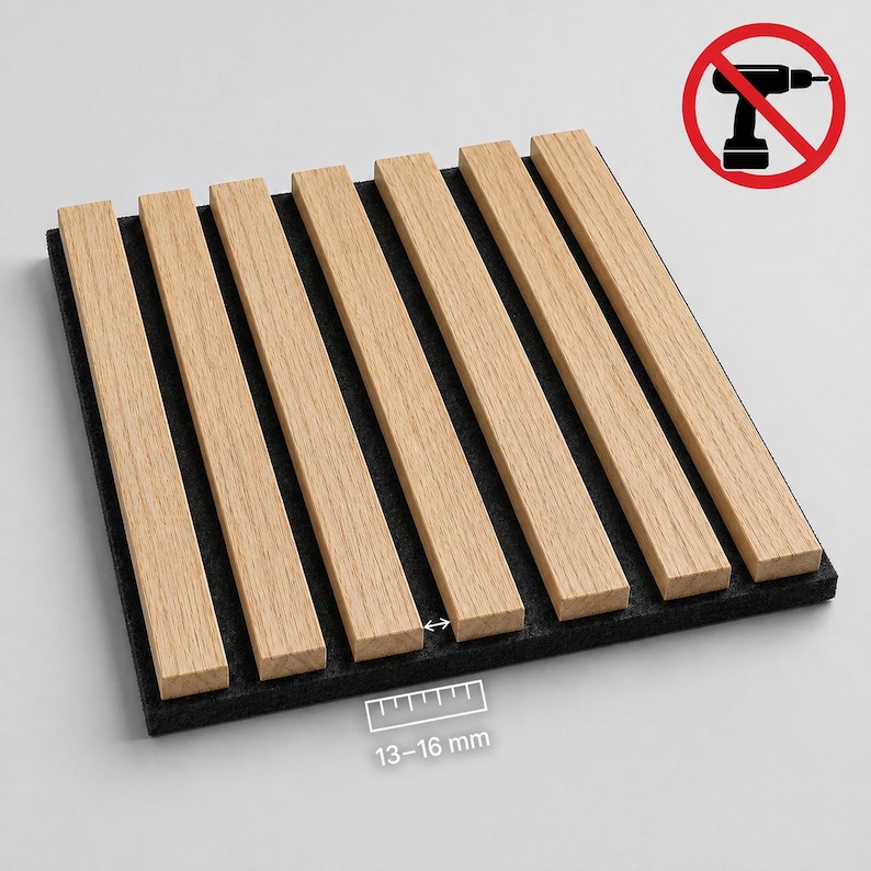 May include: Acoustic panel featuring light wood slats arranged vertically on a dark gray base. The slats are spaced evenly, with a measurement indicator showing a width of 13-16 mm. A no-drill symbol is in the upper right corner.