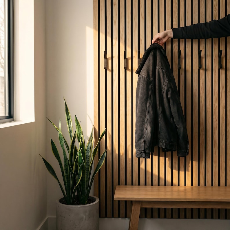 May include: A wooden coat rack with a black jacket hanging on it. The rack has vertical wooden slats and black hooks. A wooden bench sits below the rack. A potted snake plant is in the corner.