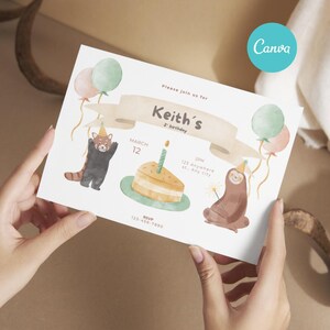 Plantilla de invitación digital e imprimible de Canva: fotografía de un lindo animal de acuarela para un niño, fiesta de cumpleaños para niños, celebración editable, globo colorido