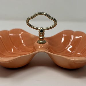 Vintage Mid Century Ceramic Double Clam Shell Dish with Brass Handle, California Pottery 1960s