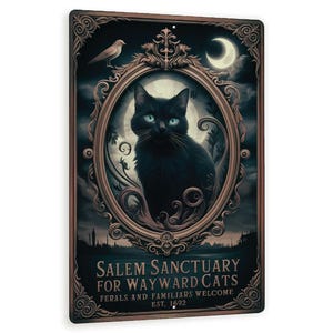 Letrero metálico gótico "Salem Sanctuary Cats" (Santuario para gatos rebeldes) con gato negro, luna creciente y pájaro. Decoración de pared de 20 x 30 cm para Halloween y amantes de los gatos.