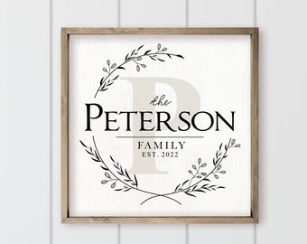 Personalized Printed Wood Family Name Sign With Monogram Initial (Framed)