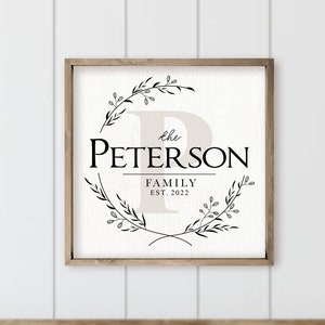 Personalized Printed Wood Family Name Sign With Monogram Initial (Framed)