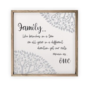 May include: A framed canvas print with a gray and white tree design and the text "Family... like branches on a tree we all grow in a different direction yet our roots remain as... one".