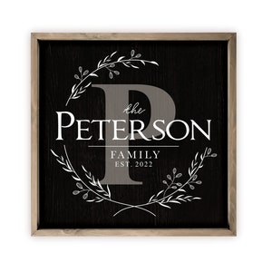 Personalized Printed Wood Family Name Sign With Monogram Initial Framed Black Background