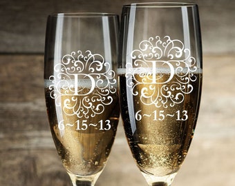 Personalized Engraved Champagne Toasting Glasses With Monogram (Set of 2)