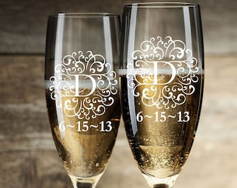 Personalized Engraved Champagne Toasting Glasses With Monogram (Set of 2)