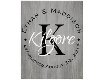 Personalized Printed Wood Family Name Sign With Established Date And Monogram 16x20