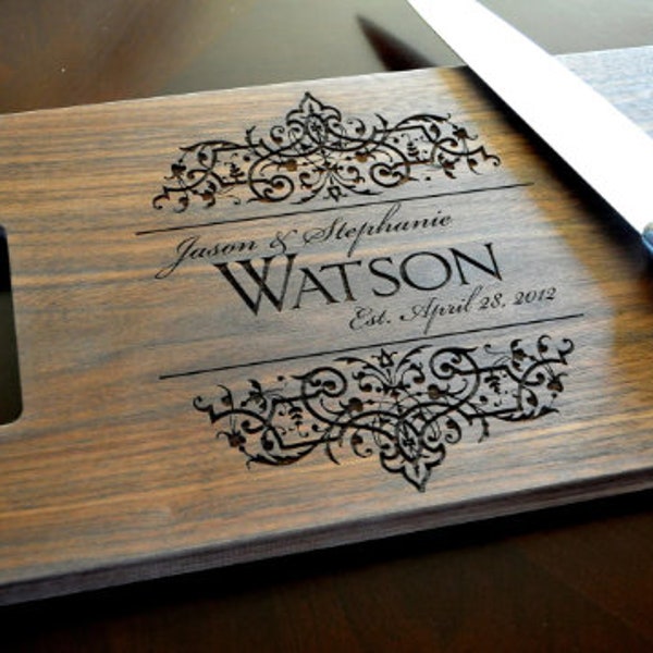 Personalized Laser Engraved Cutting Board With Established Date And Filigree Design