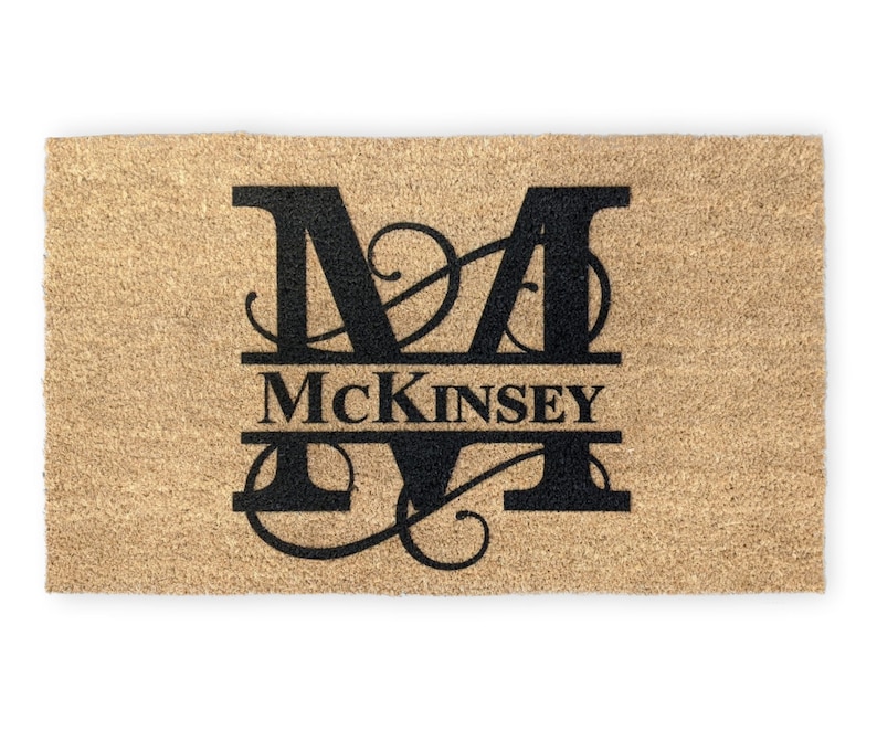 Custom initial coir doormat with a personalized monogram, perfect for new homeowners or as a unique gift for her. Made from high-quality, natural coir, this eco-friendly mat adds a stylish and functional touch to any doorstep.
